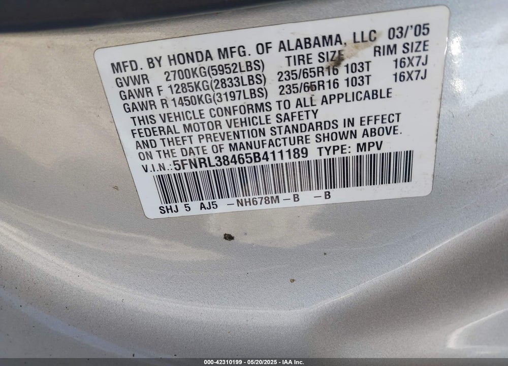 2005 HONDA ODYSSEY EX VIN: 5FNRL38465B411189