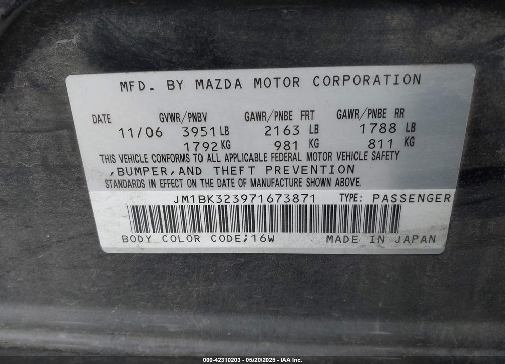 2007 MAZDA 3 VIN: JM1BK323971673871