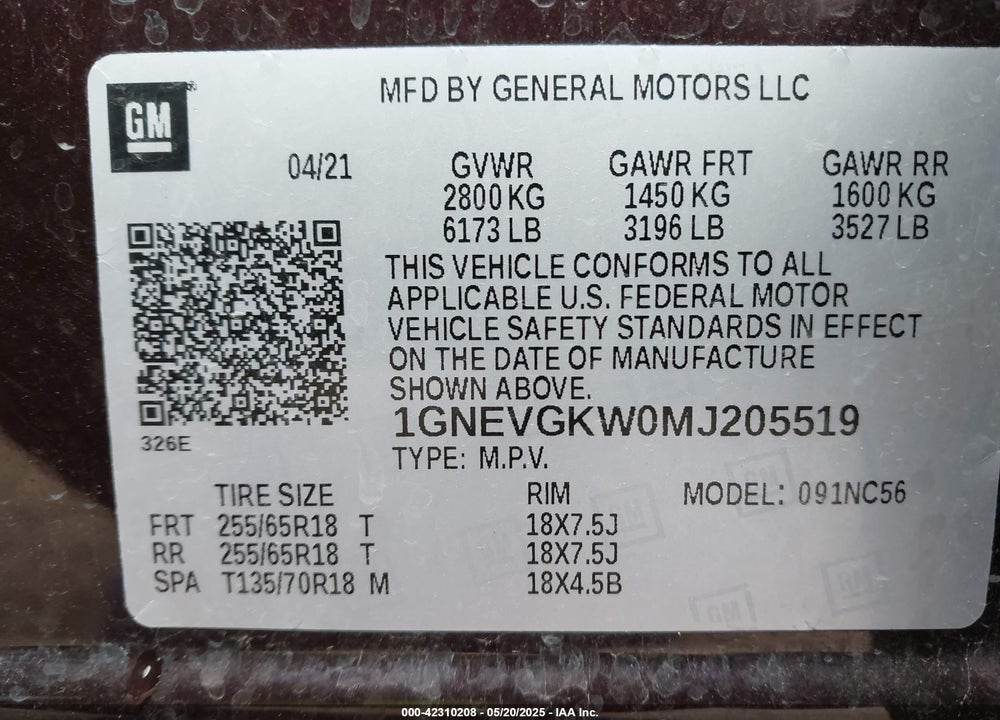 2021 CHEVROLET TRAVERSE AWD LT CLOTH VIN: 1GNEVGKW0MJ205519
