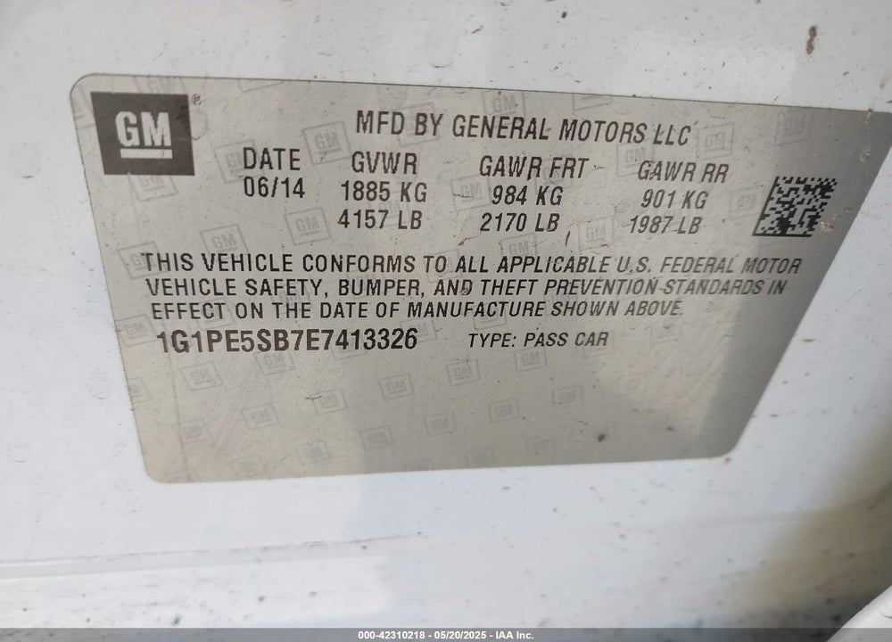2014 CHEVROLET CRUZE VIN: 1G1PE5SB7E7413326