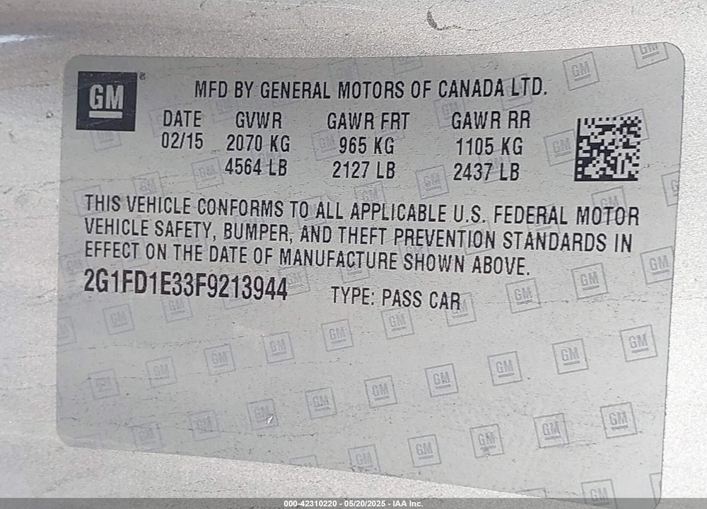2015 CHEVROLET CAMARO VIN: 2G1FD1E33F9213944