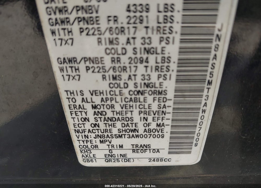2010 NISSAN ROGUE VIN: JN8AS5MT3AW007009