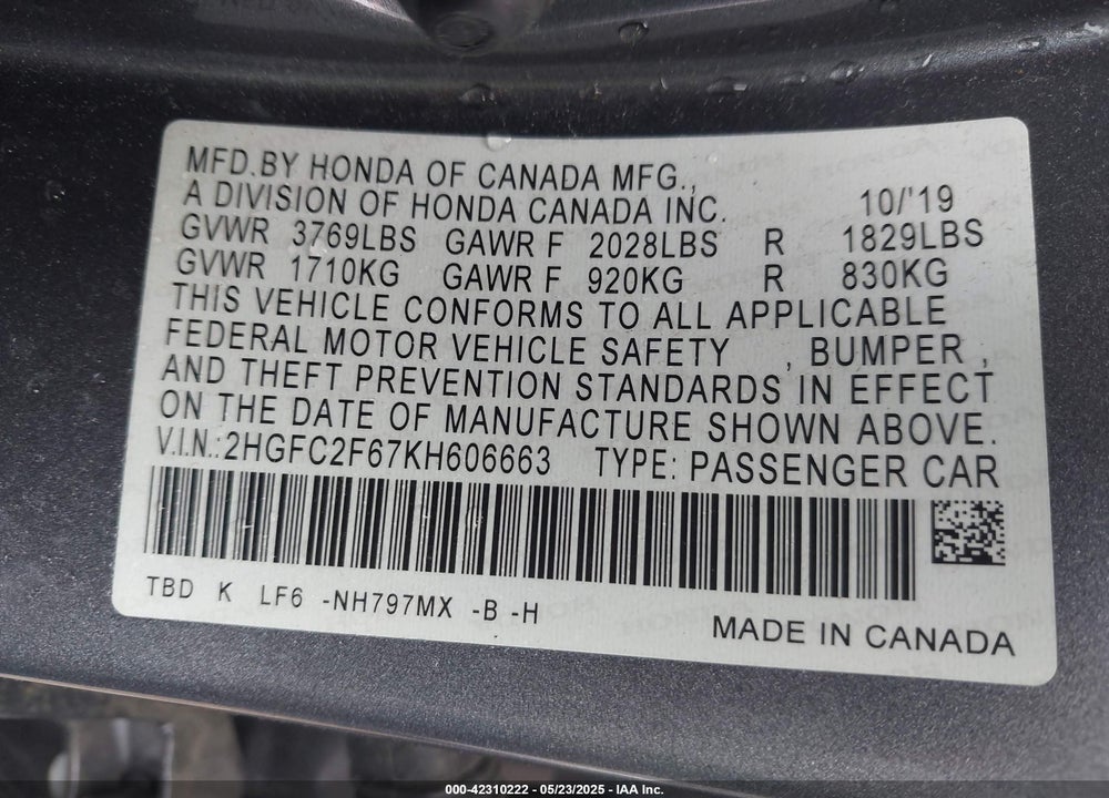 2019 HONDA CIVIC LX VIN: 2HGFC2F67KH606663