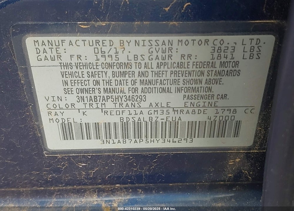2017 NISSAN SENTRA VIN: 3N1AB7AP5HY346293