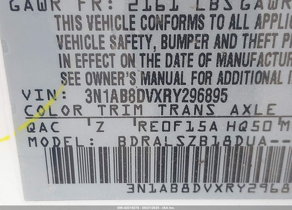 2024 NISSAN SENTRA VIN: 3N1AB8DVXRY296895