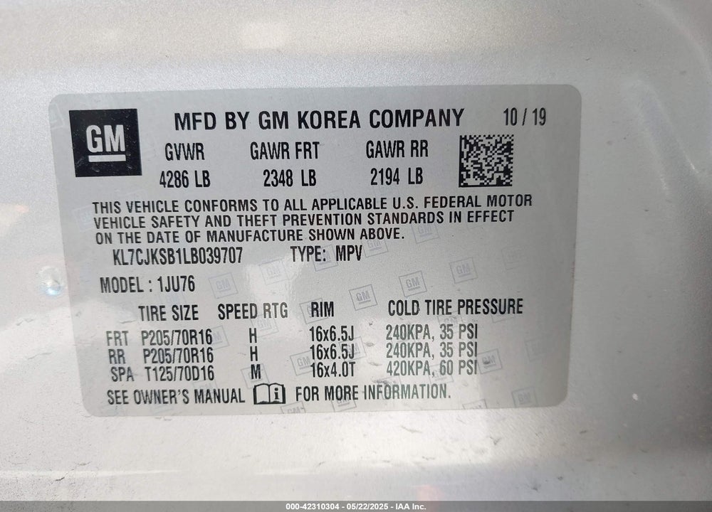 2020 CHEVROLET TRAX FWD LS VIN: KL7CJKSB1LB039707
