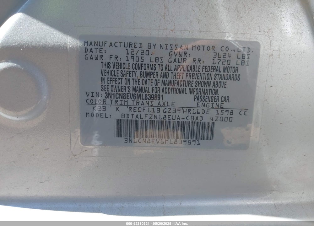 2021 NISSAN VERSA SV XTRONIC CVT VIN: 3N1CN8EV6ML839891