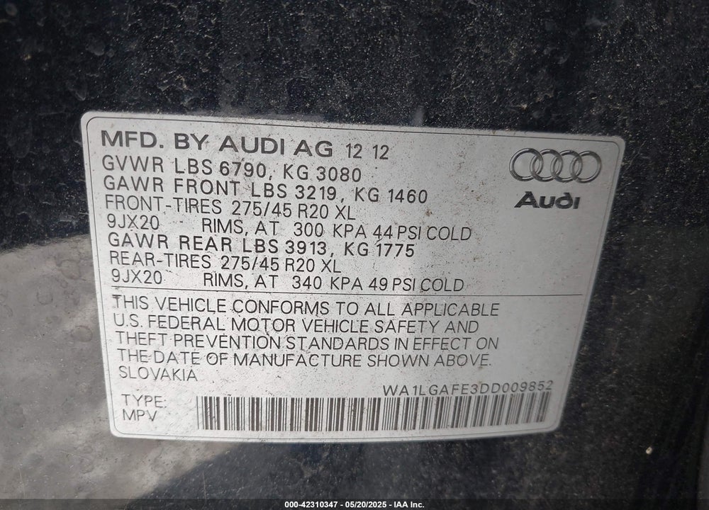2013 AUDI Q7 VIN: WA1LGAFE3DD009852