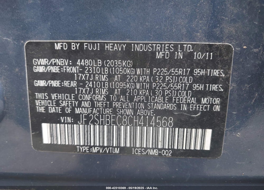 2012 SUBARU FORESTER VIN: JF2SHBEC8CH414568