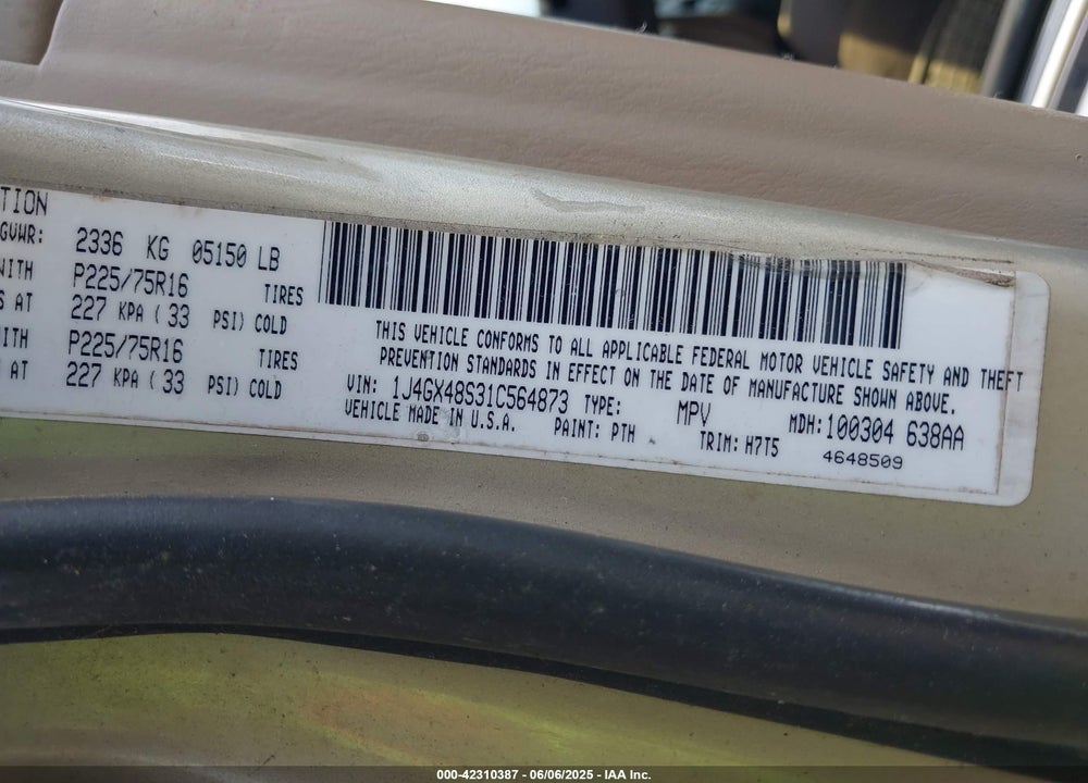 2001 JEEP GRAND CHEROKEE LAREDO VIN: 1J4GX48S31C564873