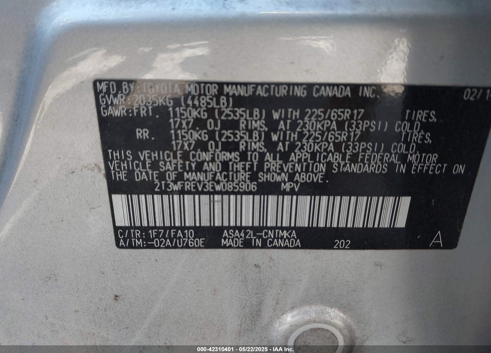 2014 TOYOTA RAV4 VIN: 2T3WFREV3EW085906
