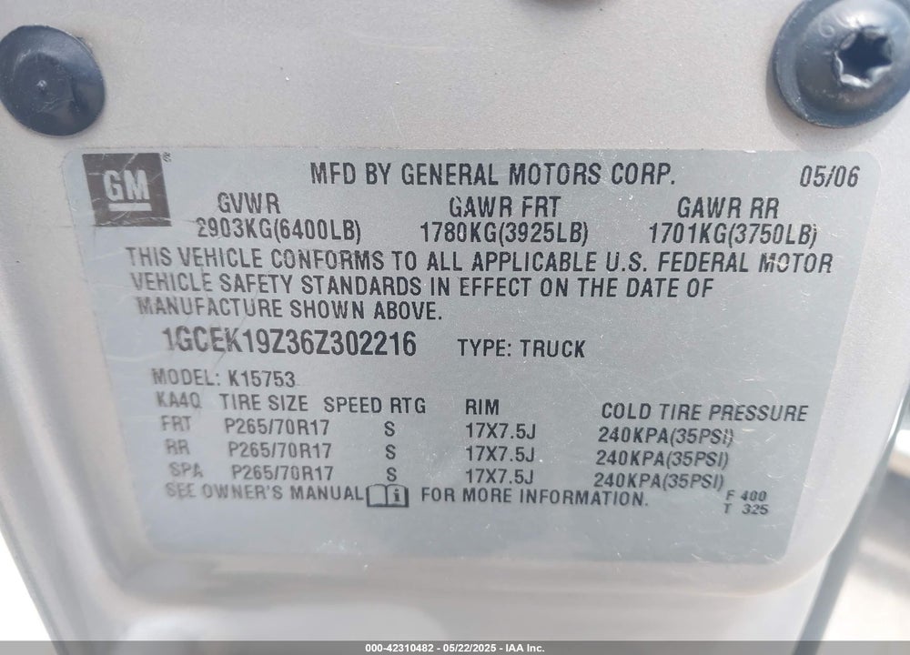2006 CHEVROLET SILVERADO 1500 LT1 VIN: 1GCEK19Z36Z302216
