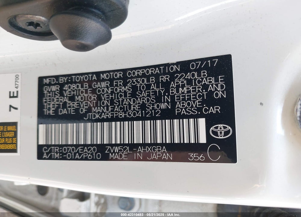 2017 TOYOTA PRIUS PRIME VIN: JTDKARFP8H3041212
