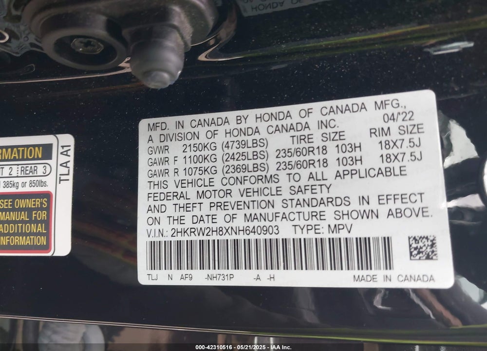 2022 HONDA CR-V VIN: 2HKRW2H8XNH640903