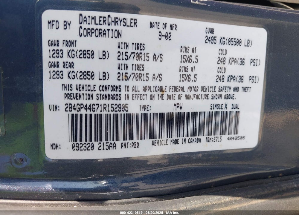 2001 DODGE GRAND CARAVAN SPORT VIN: 2B4GP44G71R152905