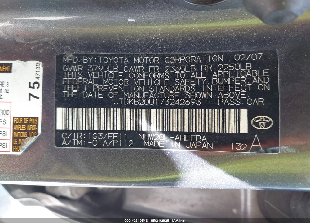 2007 TOYOTA PRIUS VIN: JTDKB20U173242693