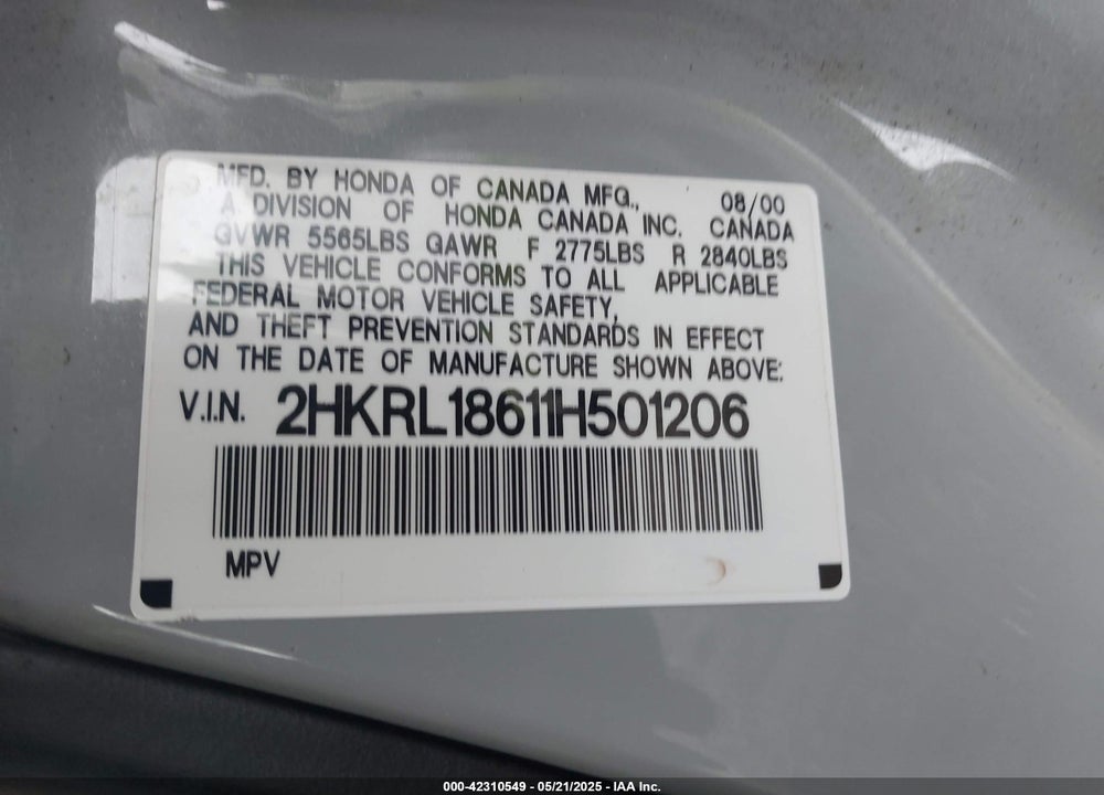 2001 HONDA ODYSSEY EX VIN: 2HKRL18611H501206