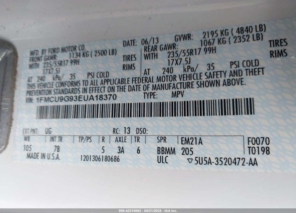 2014 FORD ESCAPE SE VIN: 1FMCU9G93EUA18370