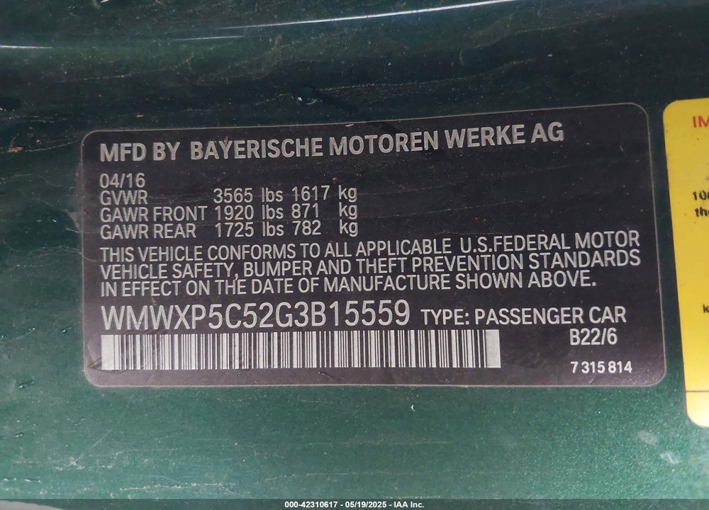 2016 MINI HARDTOP VIN: WMWXP5C52G3B15559