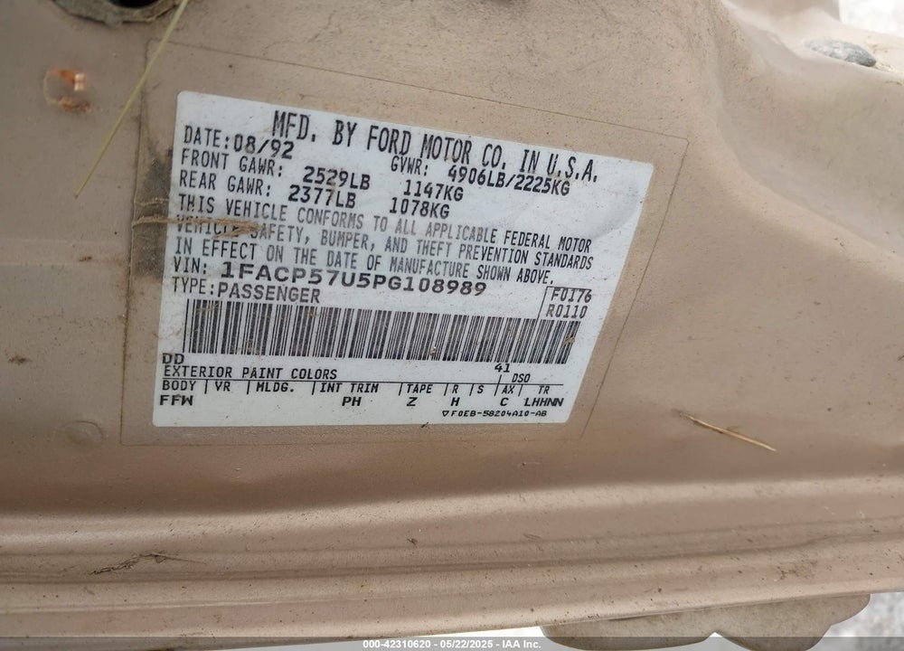 1993 FORD TAURUS GL VIN: 1FACP57U5PG108989