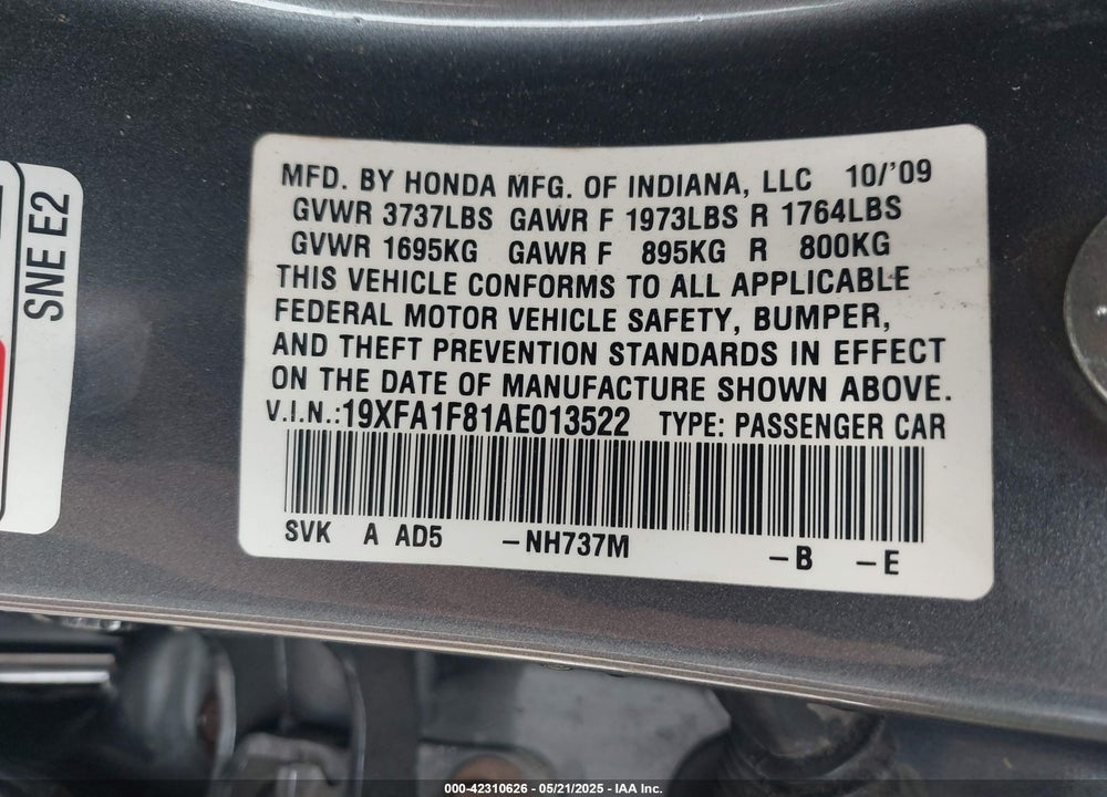 2010 HONDA CIVIC VIN: 19XFA1F81AE013522