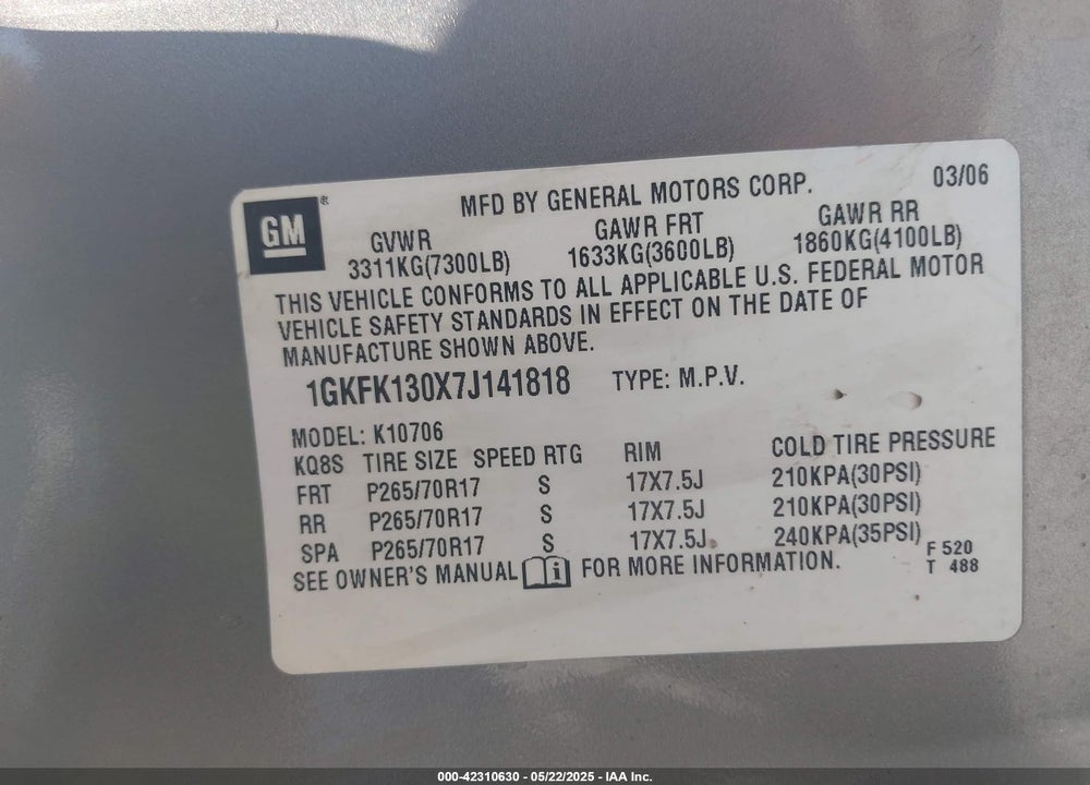 2007 GMC YUKON SLT VIN: 1GKFK130X7J141818