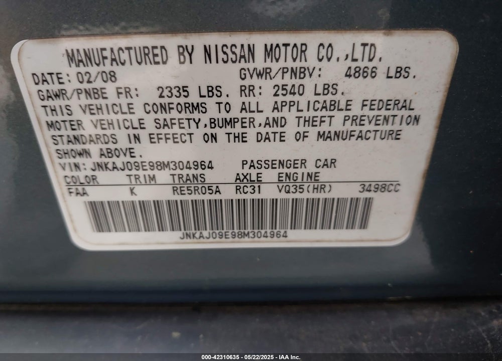 2008 INFINITI EX35 VIN: JNKAJ09E98M304964