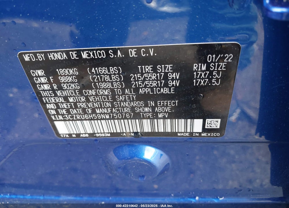 2022 HONDA HR-V AWD EX VIN: 3CZRU6H59NM750767