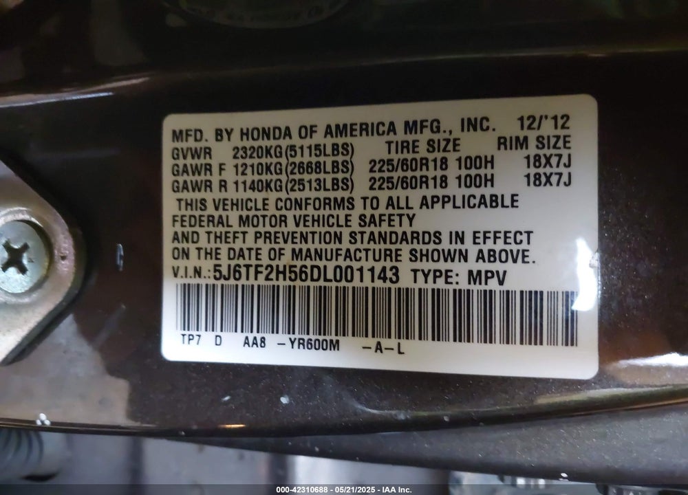 2013 HONDA CROSSTOUR VIN: 5J6TF2H56DL001143