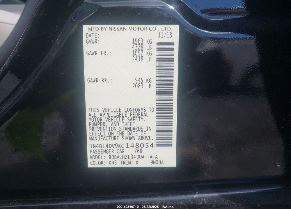 2019 NISSAN ALTIMA 2.5 SV VIN: 1N4BL4DV9KC148054