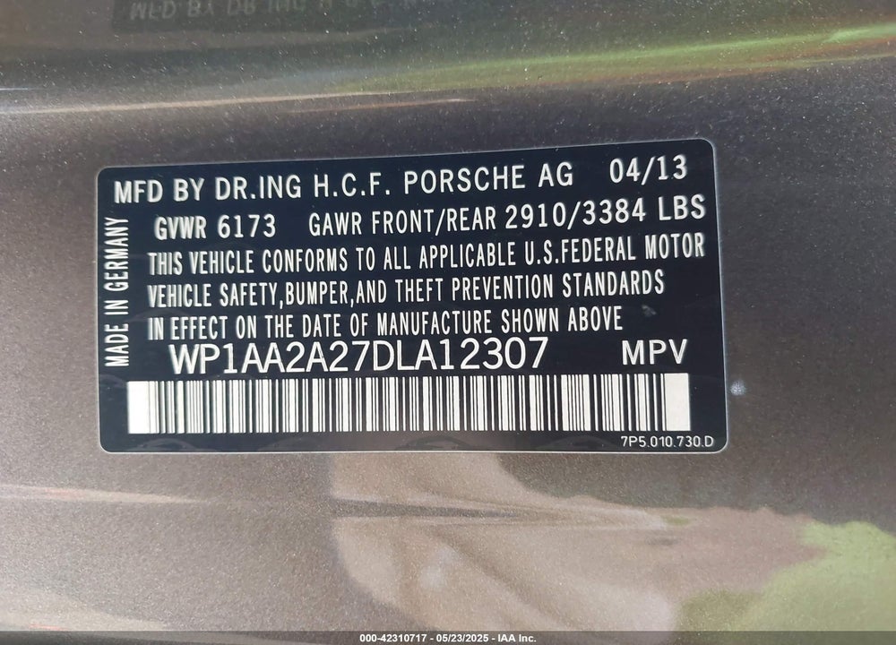 2013 PORSCHE CAYENNE VIN: WP1AA2A27DLA12307