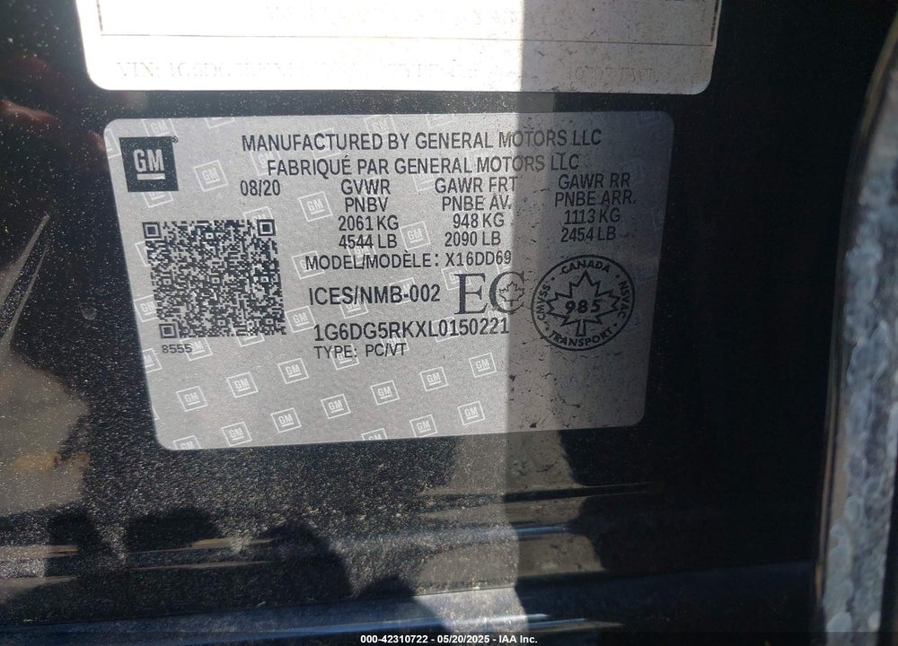 2020 CADILLAC CT4 VIN: 1G6DG5RKXL0150221