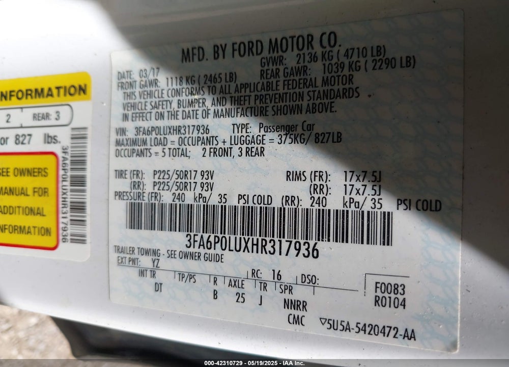 2017 FORD FUSION HYBRID SE VIN: 3FA6P0LUXHR317936