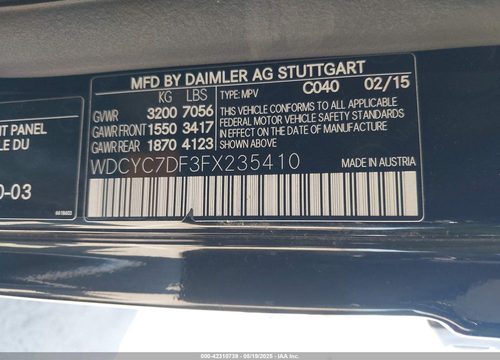 2015 MERCEDES-BENZ G 63 AMG 4MATIC VIN: WDCYC7DF3FX235410