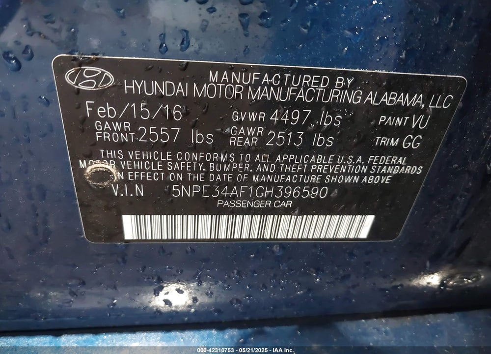 2016 HYUNDAI SONATA VIN: 5NPE34AF1GH396590