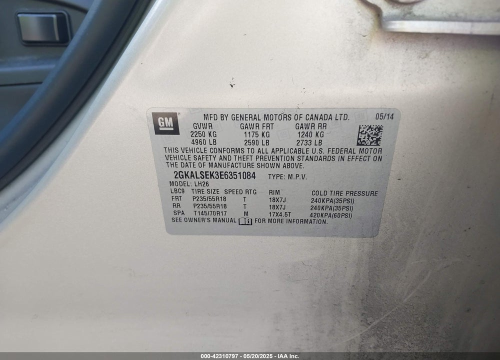 2014 GMC TERRAIN VIN: 2GKALSEK3E6351084