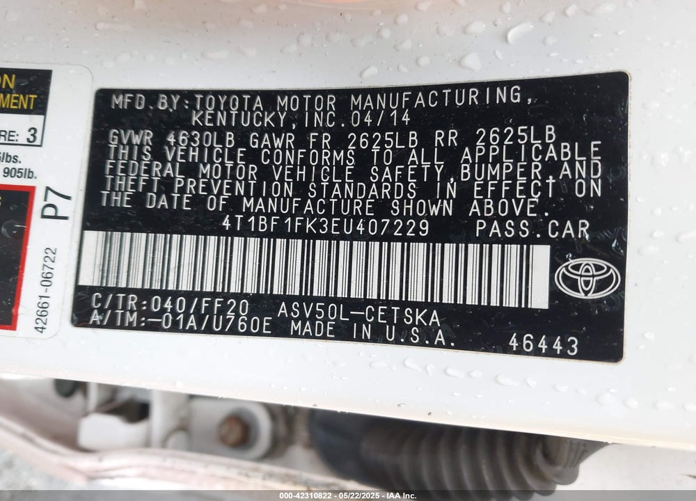 2014 TOYOTA CAMRY VIN: 4T1BF1FK3EU407229