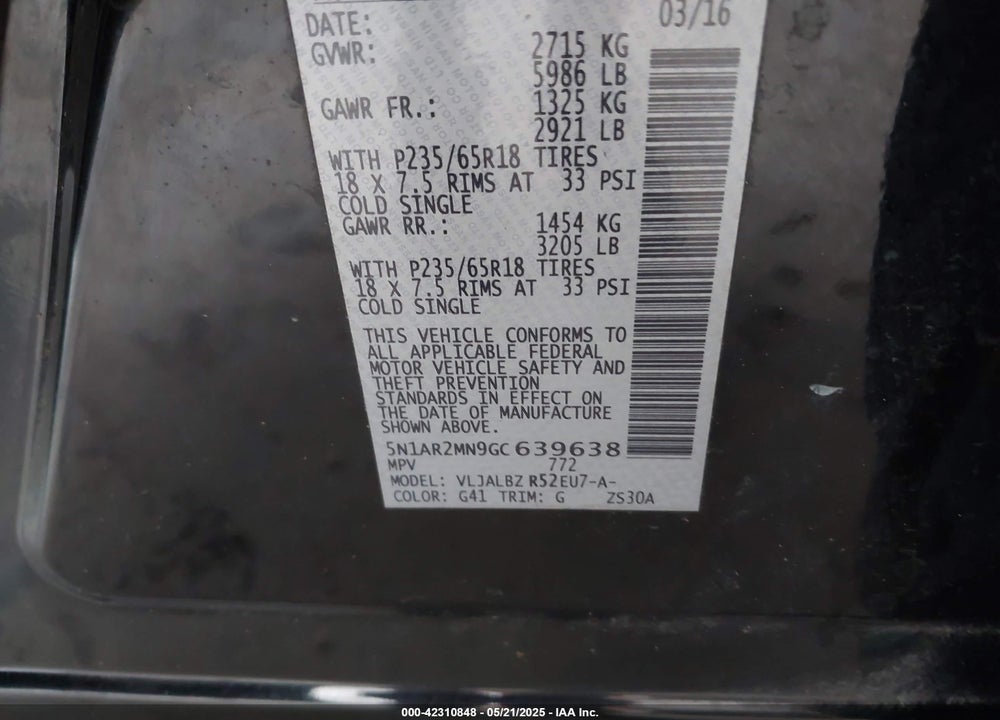 2016 NISSAN PATHFINDER VIN: 5N1AR2MN9GC639638