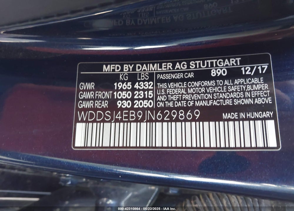 2018 MERCEDES-BENZ CLA 250 VIN: WDDSJ4EB9JN629869