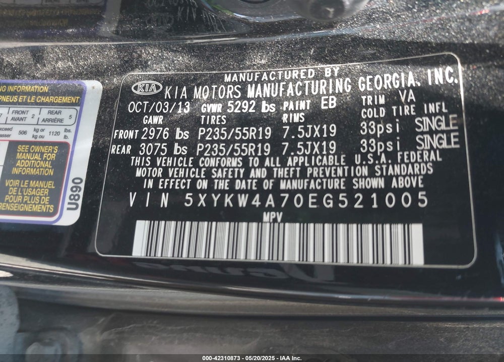 2014 KIA SORENTO VIN: 5XYKW4A70EG521005