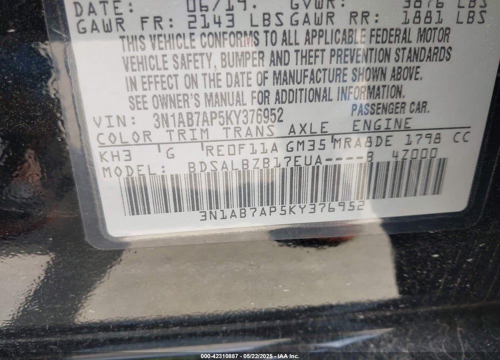 2019 NISSAN SENTRA VIN: 3N1AB7AP5KY376952