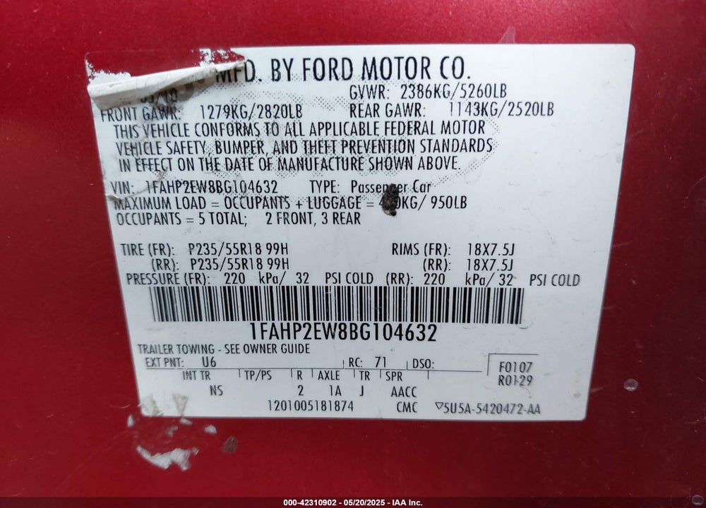 2011 FORD TAURUS SEL VIN: 1FAHP2EW8BG104632