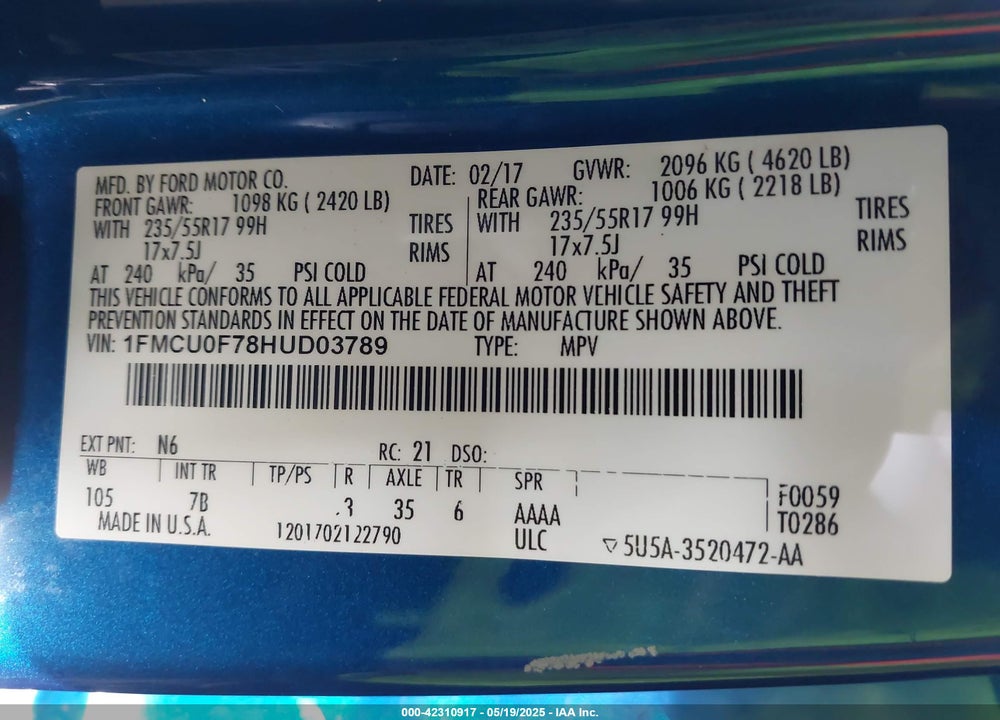 2017 FORD ESCAPE VIN: 1FMCU0F78HUD03789