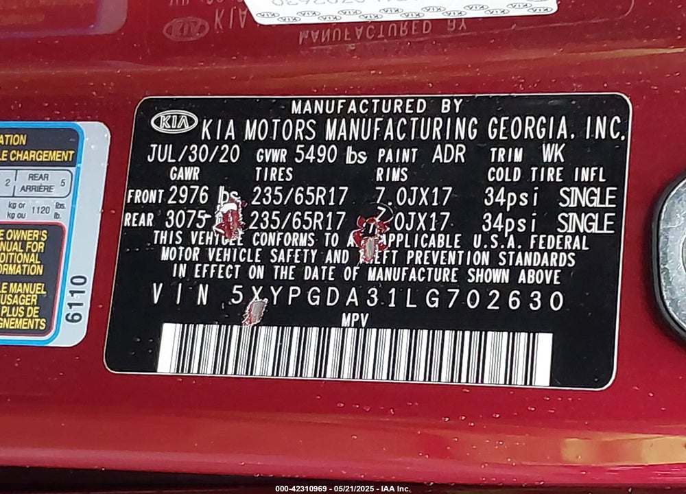 2020 KIA SORENTO 2.4L LX VIN: 5XYPGDA31LG702630