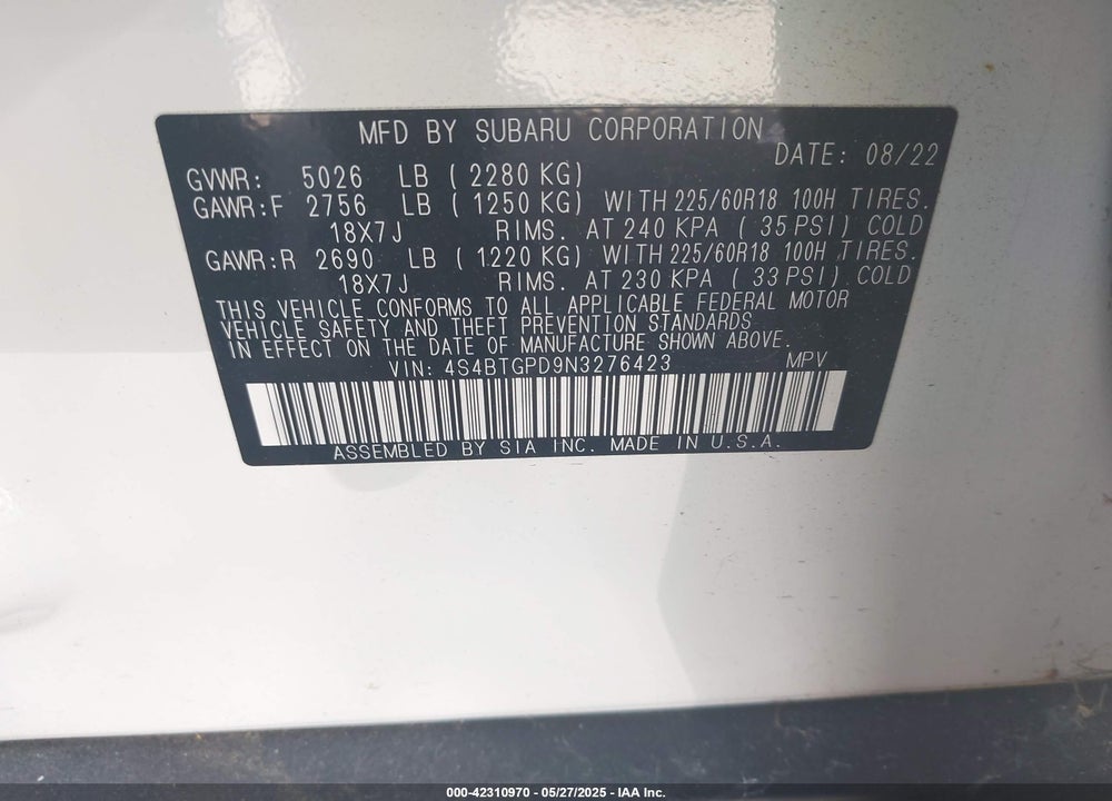 2022 SUBARU OUTBACK TOURING XT VIN: 4S4BTGPD9N3276423