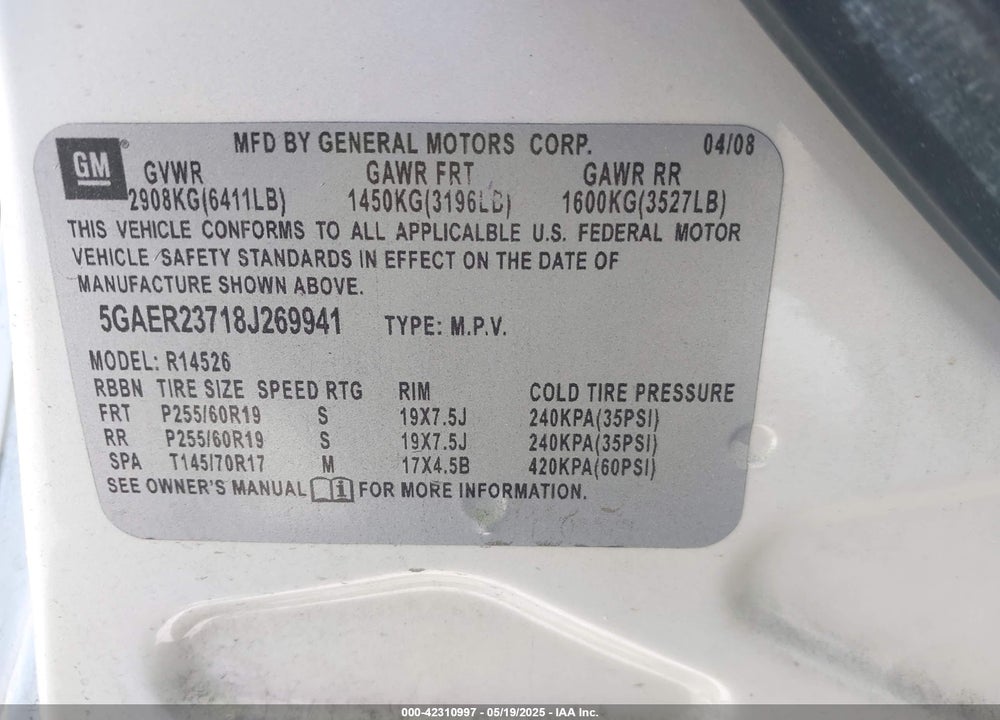 2008 BUICK ENCLAVE VIN: 5GAER23718J269941
