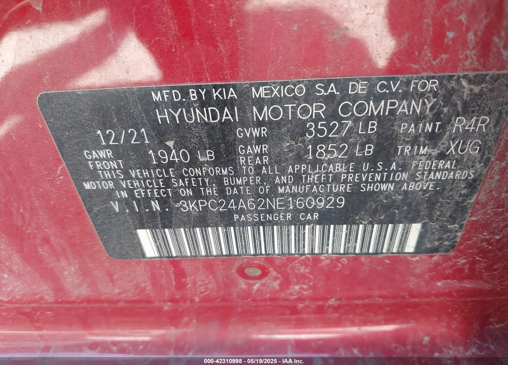 2022 HYUNDAI ACCENT VIN: 3KPC24A62NE160929