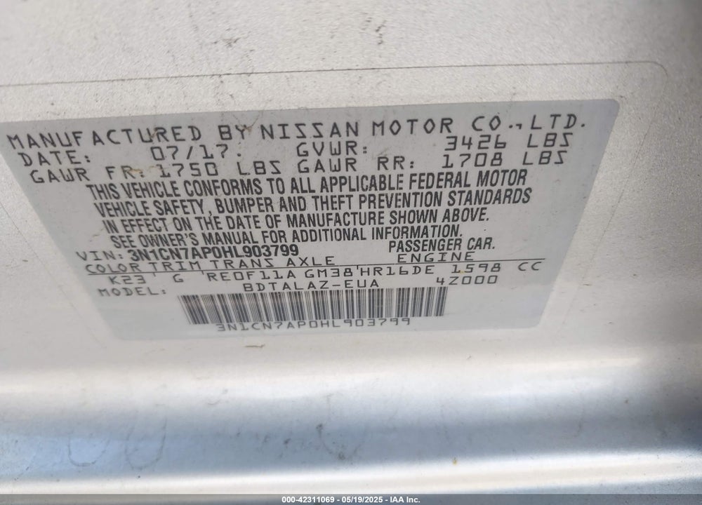 2017 NISSAN VERSA 1.6 S+ VIN: 3N1CN7AP0HL903799