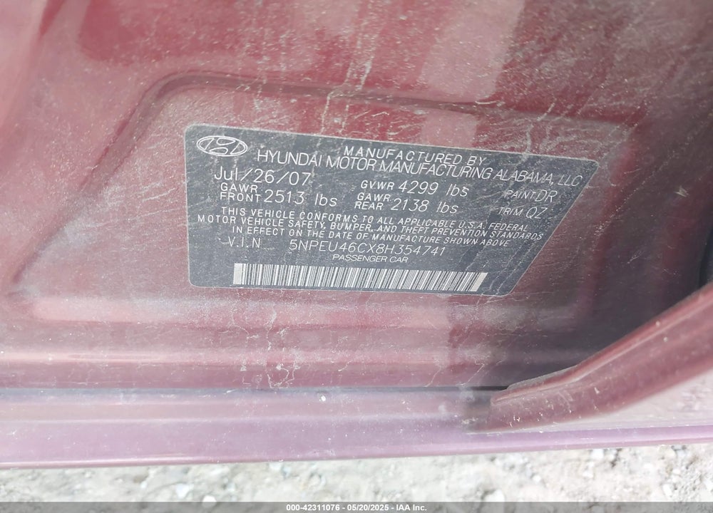 2008 HYUNDAI SONATA LIMITED/SE VIN: 5NPEU46CX8H354741