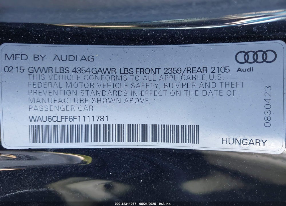 2015 AUDI A3 1.8T PREMIUM VIN: WAU6CLFF6F1111781
